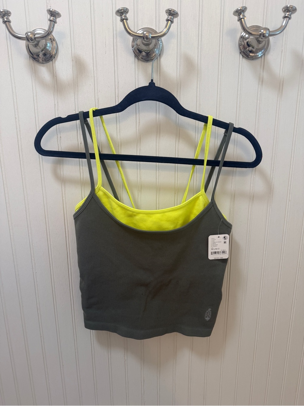 NWT! FREE PEOPLE. Double-Layer Cropped Camisole in Olive with Neon Yellow Lining